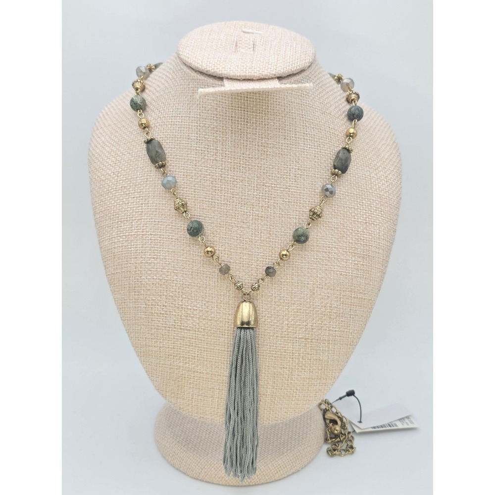 Chico's Gold and Gray Beaded Tassel Necklace